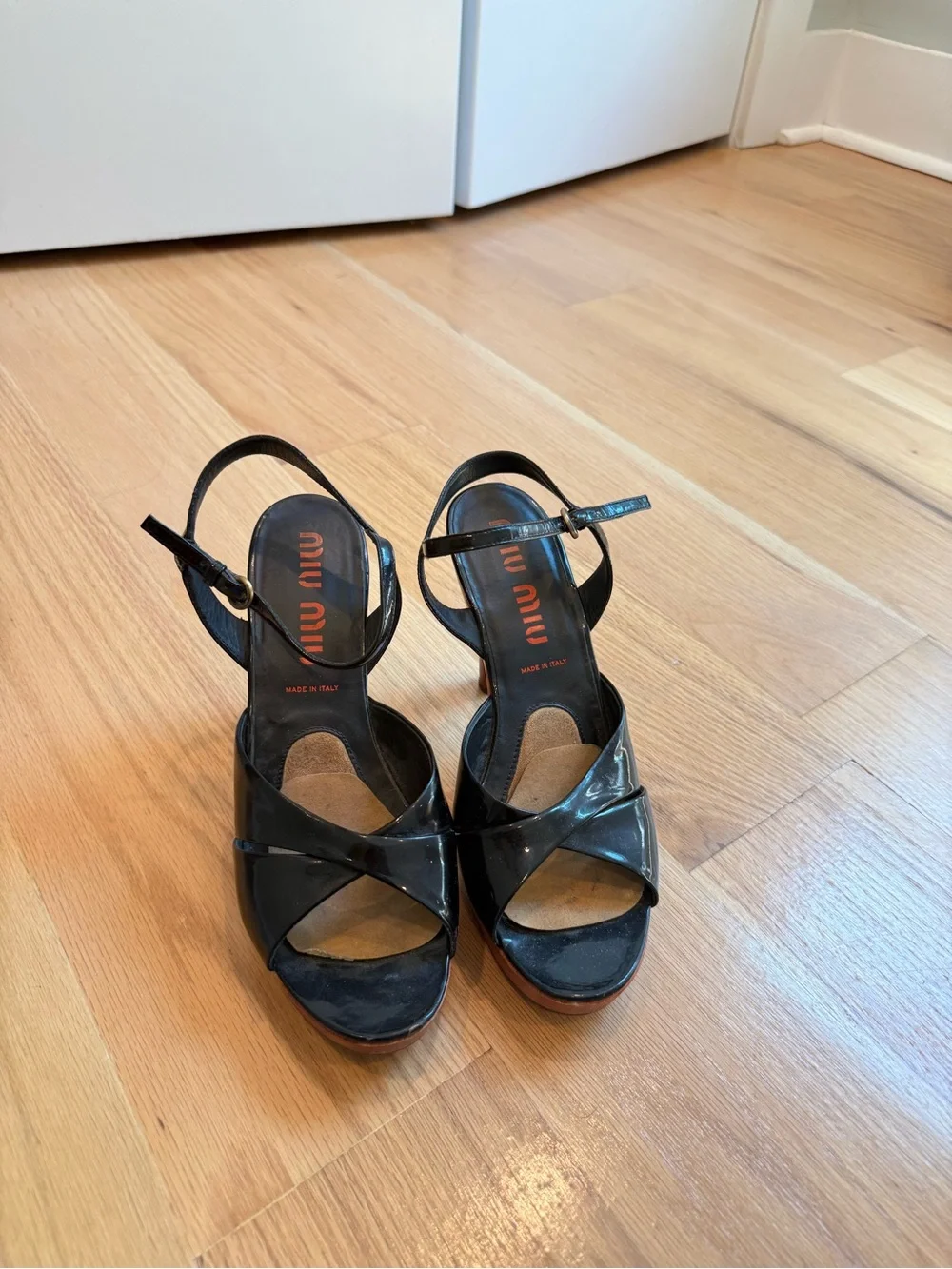Miu Miu Black Patent Platform High Heel Sandals with Wood-Tone Platform